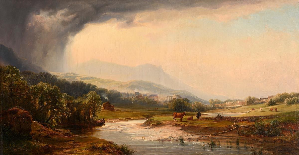 John Faulkner, Landscape with a View towards a Town and Grazing Cattle in Foreground at Morgan O'Driscoll Art Auctions