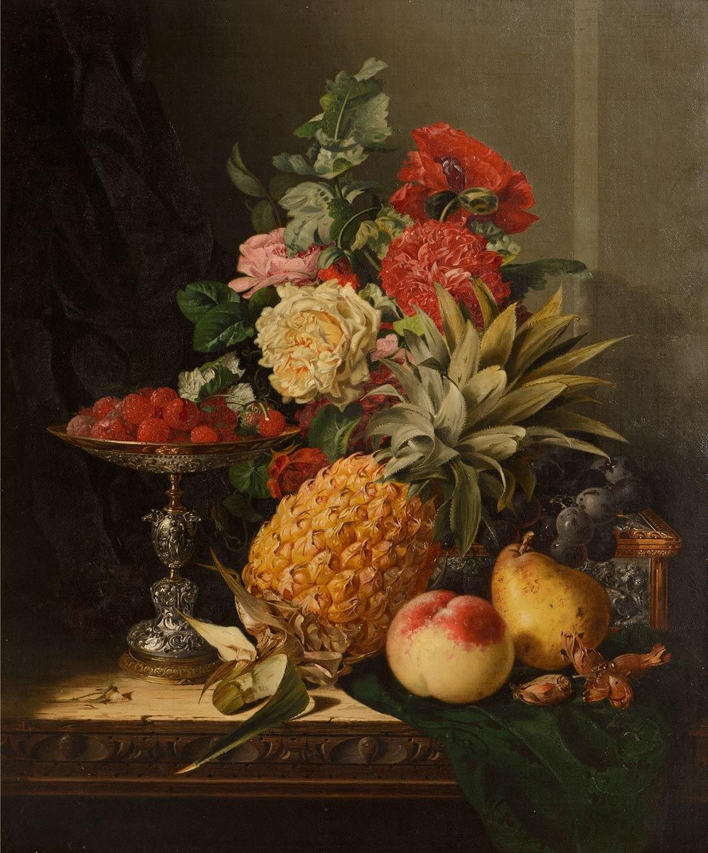 Edward Ladell, Still Life with a Pineapple, Roses, Carnations, Cob Nuts, Peaches, a Pear, Black Grapes, Raspberries on a Parcel Gilt Tazza with a Parcel Gilt Casket on a Table at Morgan O'Driscoll Art Auctions
