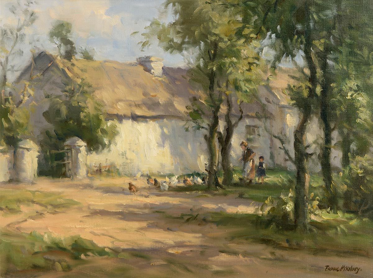 Frank McKelvey, Feeding Chickens at the Back of the House at Morgan O'Driscoll Art Auctions