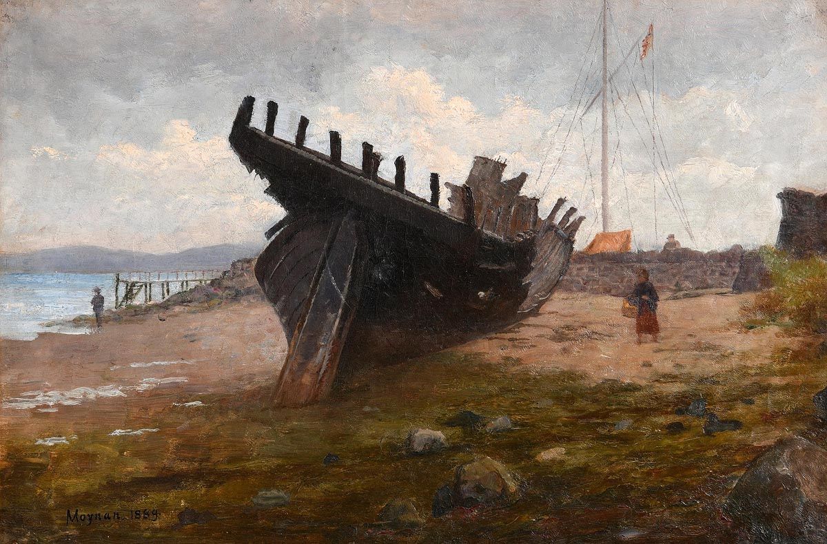 Richard Thomas Moynan, Hulk of a Wooden Boat at Clontarf (1889) at Morgan O'Driscoll Art Auctions