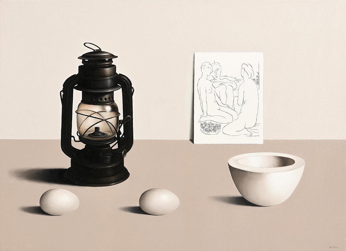 Liam Belton, Oil Lamp with Eggs (2015) at Morgan O'Driscoll Art Auctions